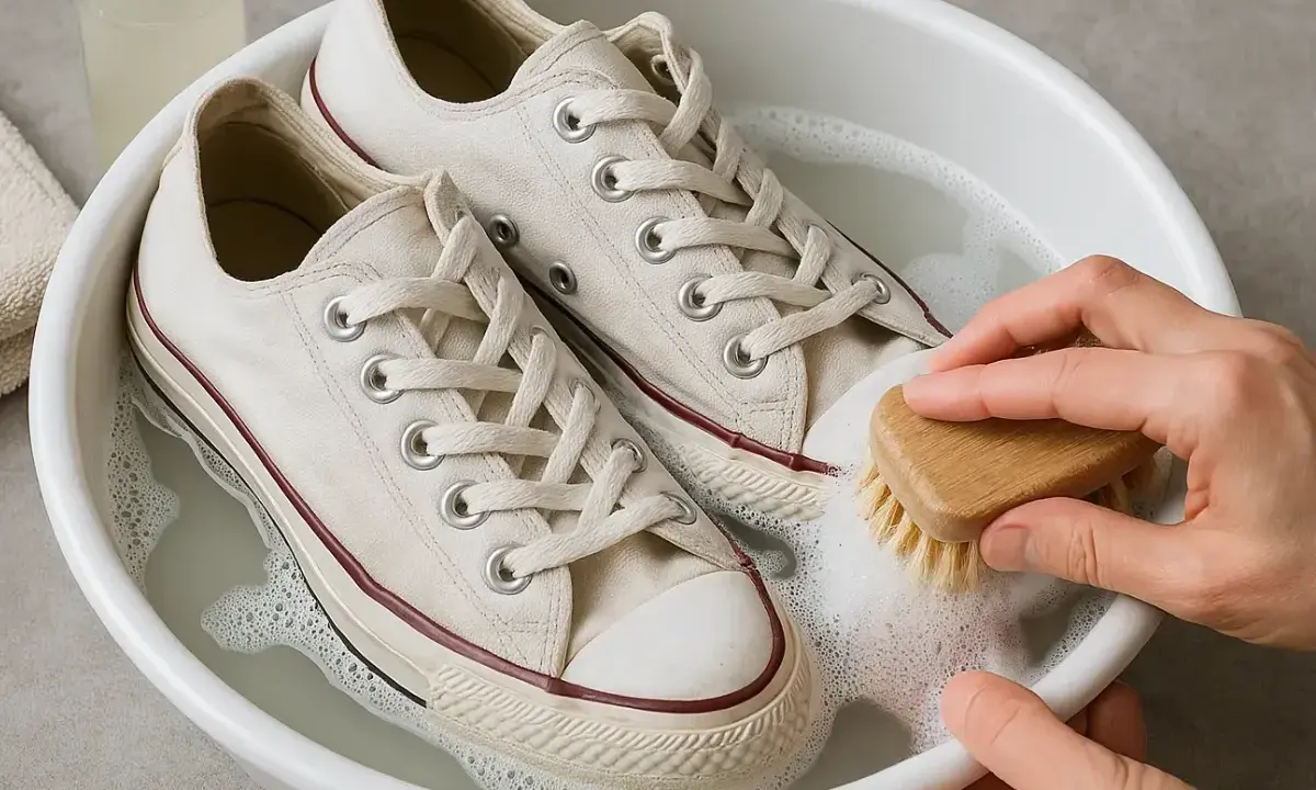 Manos cepillan Converse blancas en agua con jabón. Aprende como limpiar converse blancas para dejarlas como nuevas.