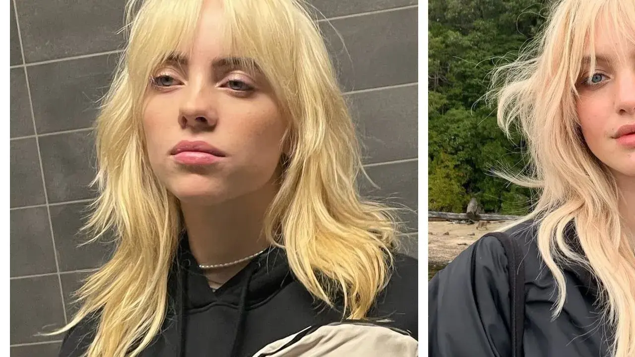 Mujer con cabello rubio platinado y un corte wolf cut, con capas desordenadas y flequillo.