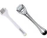Dos rodillos para microneedling capilar, uno blanco y otro plateado, listos para estimular el crecimiento del cabello.