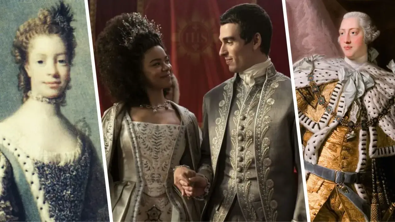 Retrato de la reina Carlota, una pareja real y un rey con manto de armiño.