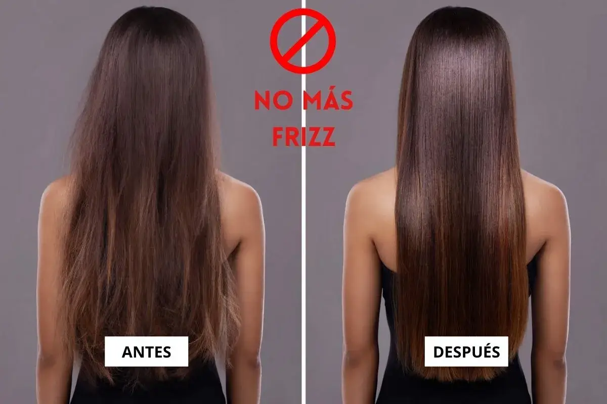 Antes y después de cómo quitar el frizz del pelo. Cabello liso y brillante.