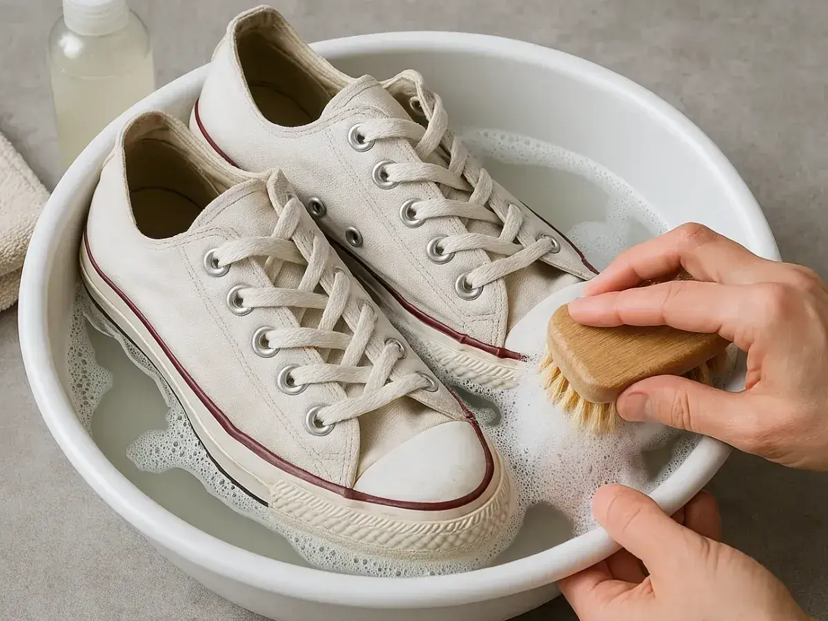 Manos cepillan Converse blancas en agua con jabón. Aprende como limpiar converse blancas para dejarlas como nuevas.