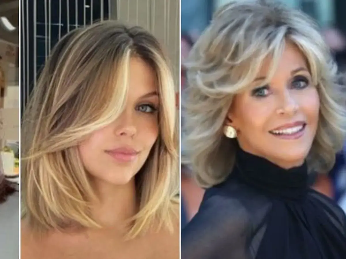 Dos mujeres con un corte mariposa pelo corto, una joven rubia con flequillo y otra mayor con capas voluminosas.