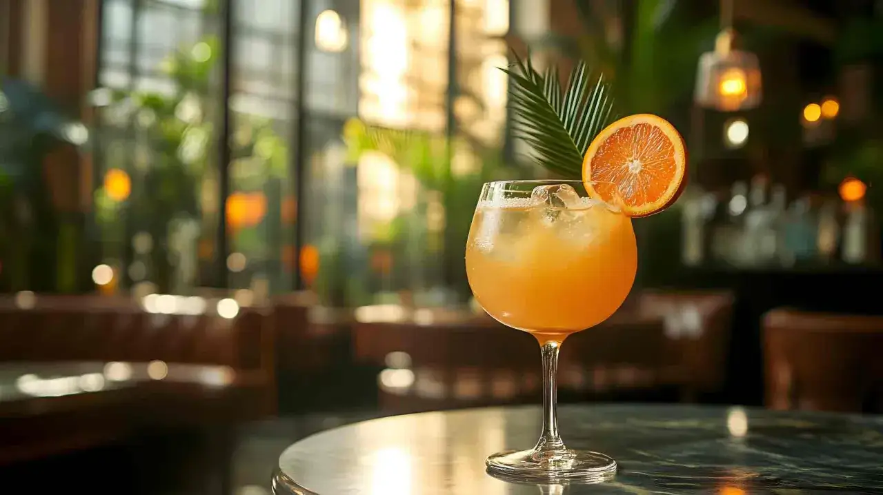 Refrescante vaso de agua de valencia con rodaja de naranja y hoja verde, en un ambiente cálido y tropical.