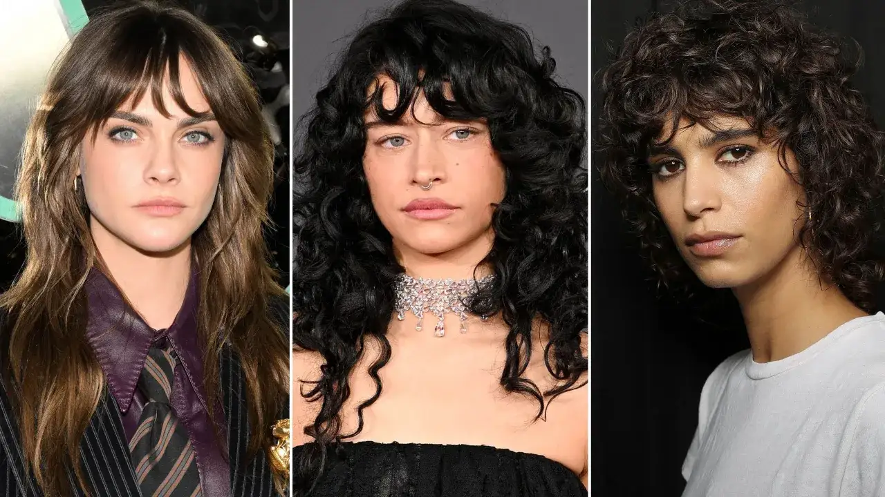 Tres mujeres con estilos de cabello wolf cut: una con flequillo y cabello castaño liso, otra con rizos oscuros y un collar llamativo, y la tercera con rizos castaños.