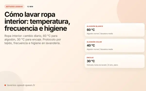 Guía para el programa lavadora ropa interior: 60°C para algodón blanco, 40°C para algodón color y 30°C para encaje.