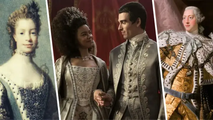Retrato de la reina Carlota, una pareja real y un rey con manto de armiño.