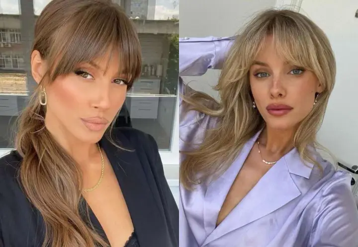 Dos mujeres con flequillo cortina. La de la izquierda tiene el pelo castaño y la de la derecha, rubio.