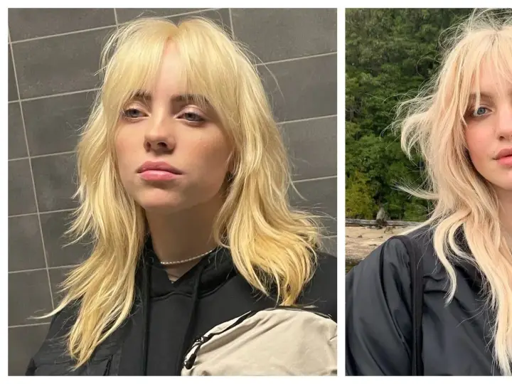 Mujer con cabello rubio platinado y un corte wolf cut, con capas desordenadas y flequillo.