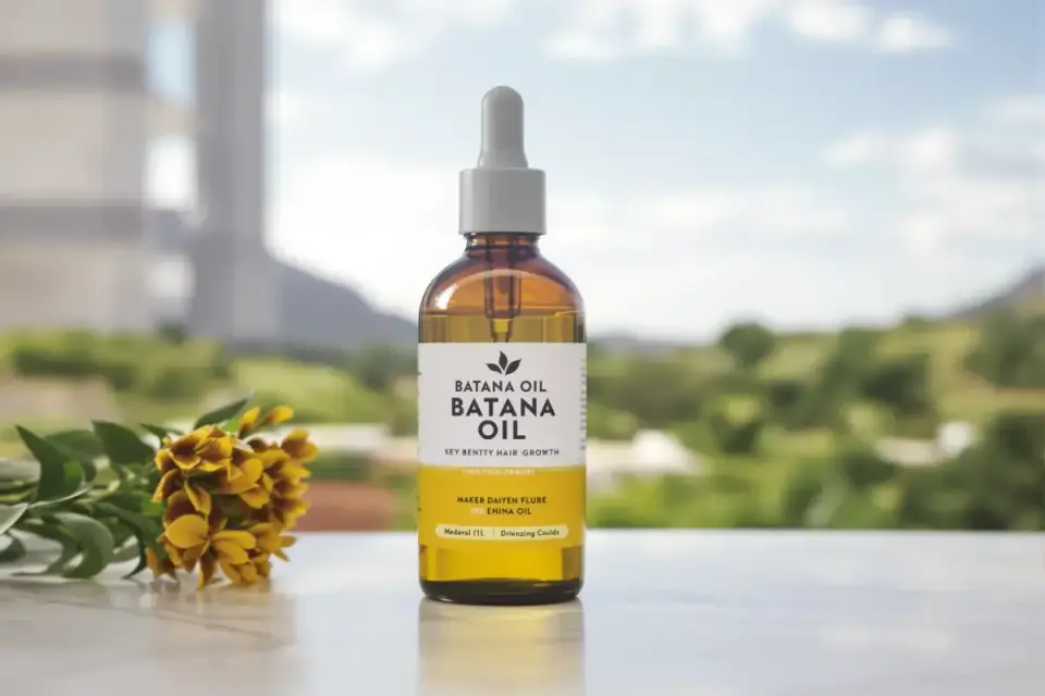 Botella de aceite de batana con flores amarillas al lado. Ideal para el crecimiento del cabello.